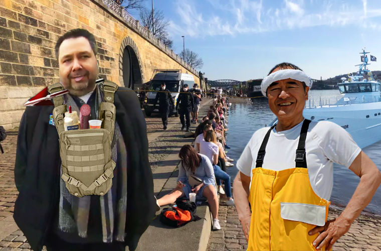 Xaver Veselý leží v nemocnici poté, co jej trefila harpuna zbloudilé lodi japonských velrybářů